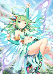 Rule 34 | 1girl, ;), ahoge, akkijin, aqua eyes, aqua skirt, arm up, armor, armored boots, ass, bare shoulders, blue sky, boots, bridal gauntlets, brooch, bug, building, butterfly, butterfly wings, clenched hands, closed mouth, cloud, crystal, day, detached collar, dutch angle, elbow gloves, fairy, fairy wings, flower, flying, gem, gloves, glowing, glowing wings, green eyes, green hair, hair flower, hair ornament, hairclip, house, huge ahoge, insect, insect wings, jewelry, knee boots, long hair, looking at viewer, miniskirt, navel, one eye closed, outdoors, pixie servant (shinkai no valkyrie), pointy ears, raised fist, shinkai no valkyrie, skirt, sky, smile, stomach, strapless, sunflower, tareme, tile roof, tube top, upskirt, village, wings