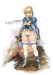 Rule 34 | 1girl, adapted costume, ahoge, armor, artoria pendragon (all), artoria pendragon (fate), bh001, blonde hair, bow, bow panties, breasts, caliburn (fate), character name, copyright name, fate/stay night, fate (series), gauntlets, greaves, green eyes, hair ribbon, high heels, highleg, highleg panties, hip focus, lace, lace-trimmed legwear, lace trim, lips, navel, no pants, panties, revealing clothes, ribbon, saber (fate), shoes, solo, sword, thighhighs, underboob, underwear, weapon, white thighhighs, wide hips