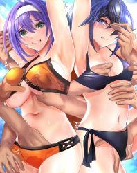 Rule 34 | 2girls, 6+boys, armpits, arms up, ass grab, bikini, black bikini, blue eyes, blue hair, breasts, clenched teeth, disguise, fingering, fingering through clothes, fire emblem, fire emblem: radiant dawn, fire emblem awakening, fire emblem heroes, grabbing, grabbing another&#039;s ass, grabbing another&#039;s breast, grabbing from behind, green eyes, groping, hairband, hand under clothes, headband, highres, holding, holding mask, long hair, lucina (fire emblem), marth (fire emblem awakening), mask, medium breasts, mia (fire emblem), molestation, multiple boys, multiple girls, navel, nintendo, nipple stimulation, nipple tweak, official alternate costume, orange bikini, purple hair, pussy juice, rape, removing mask, small breasts, spoilers, swimsuit, tears, teeth, through clothes, tongari, white hairband, white headband