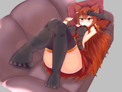 Rule 34 | 1girl, animal ears, anthuria, armpits, backless outfit, black thighhighs, blush stickers, chiroru (tymm5), couch, dress, erune, feet, gloves, granblue fantasy, grey background, hair ornament, highres, long hair, no shoes, red dress, red eyes, red hair, ribbon, single glove, smile, solo, thighhighs, thighs