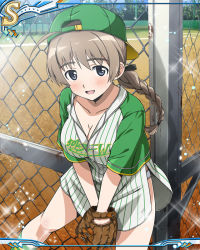 Rule 34 | 1girl, baseball cap, baseball glove, baseball uniform, blue eyes, blush, braid, breasts, brown hair, card (medium), chain-link fence, cleavage, fence, hair ribbon, hat, large breasts, lynette bishop, official art, panties, ponytail, ribbon, rust, single braid, solo, sportswear, strike witches, underwear, white panties, world witches series