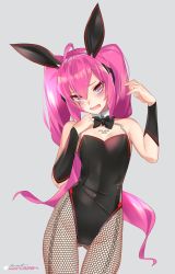 Rule 34 | 1girl, animal ears, bare shoulders, blue eyes, bow, bowtie, detached collar, fake animal ears, fang, fishnet pantyhose, fishnets, fu-mi.a, gluteal fold, grace (sound voltex), highres, leotard, long hair, looking at viewer, open mouth, pantyhose, pink hair, playboy bunny, rabbit ears, solo, sound voltex, sound voltex iii gravity wars, twintails