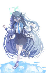 Rule 34 | 1girl, absurdly long hair, aris (blue archive), arm up, black skirt, blue archive, blue eyes, blue hair, cloud, collared shirt, dark blue hair, full body, highres, jacket, long hair, long sleeves, looking down, miimu (nelreg3), open clothes, open jacket, open mouth, puddle, reflection, ripples, shirt, shoes, skirt, sky, sneakers, solo, stepping, tie clip, very long hair, white background, white shirt