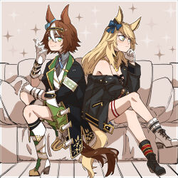Rule 34 | 2girls, animal ears, ankle boots, ankle strap, armband, asuka (junerabitts), asymmetrical legwear, bamboo memory (umamusume), black coat, black footwear, black jacket, blonde hair, blue bow, blue eyes, boots, bow, brown hair, coat, collared shirt, commentary, couch, crossed legs, ear bow, ear ornament, full body, gloves, gold city (umamusume), gold trim, green skirt, grey shirt, hair between eyes, hairband, high heel boots, high heels, horse ears, horse girl, horse tail, jacket, long hair, long sleeves, looking at viewer, mismatched legwear, multicolored hair, multiple girls, on couch, shirt, single bare shoulder, single off shoulder, sitting, skirt, sparkle, streaked hair, tail, thigh boots, two-tone eyes, two-tone hair, umamusume, white footwear, white gloves, white hair, yellow eyes
