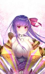 Rule 34 | 1girl, blush, breasts, cleavage, closed mouth, deep (deep4946), fate/grand order, fate (series), highres, huge breasts, long hair, looking at viewer, passionlip (fate), passionlip (third ascension) (fate), purple eyes, purple hair, smile, solo, upper body