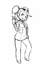 Rule 34 | 1girl, breasts, call (mighty no. 9), call e, dress, formerly, fringe trim, garrison cap, greyscale, twirling hair, hand on own hip, hat, headset, long hair, mighty no. 9, monochrome, necktie, no feet, robot, short dress, side ponytail, sketch, small breasts, smile, solo