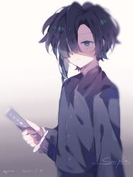 Rule 34 | 1boy, black hair, black jacket, character request, chinese commentary, closed mouth, commentary request, copyright request, cowboy shot, green eyes, hair over one eye, highres, holding, holding sword, holding weapon, jacket, long sleeves, male focus, sample watermark, sanpaku, short hair, solo, sword, watermark, weapon, zetsubou no ouhachi