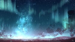 Rule 34 | aurora, cloud, commentary, english commentary, highres, mountainous horizon, night, night sky, no humans, original, outdoors, rune xiao, scenery, signature, sky, star (sky), starry sky, still life