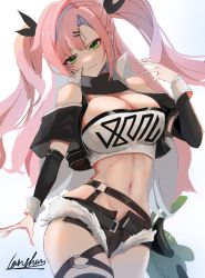 Rule 34 | 1girl, absurdres, arashiyama, bare shoulders, black ribbon, black shorts, black thighhighs, breasts, cleavage, closed mouth, clothing cutout, contrapposto, cowboy shot, crop top, cropped jacket, cutoffs, detached sleeves, exposed pocket, hair ornament, hairclip, head tilt, highres, large breasts, long hair, looking at viewer, micro shorts, midriff, multicolored hair, navel, nicole demara, o-ring, parted bangs, popped collar, ribbon, shorts, shoulder cutout, signature, simple background, single thighhigh, smile, solo, strapless, thighhighs, tube top, two-tone hair, two side up, zenless zone zero