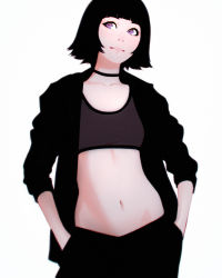Rule 34 | 1girl, bad id, bad tumblr id, black hair, choker, closed mouth, cowboy shot, hands in pockets, highres, ilya kuvshinov, jacket, looking to the side, midriff, navel, open clothes, open jacket, original, purple eyes, short hair, smile, solo, sports bra, white background