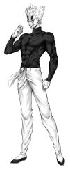 Rule 34 | 1boy, abs, absurdres, blood, blood on face, blood on hands, bloody hand, clenched hand, collarbone, evil smile, full body, garou (one-punch man), greyscale, highres, injury, kkuwa, long sleeves, looking at viewer, male focus, monochrome, muscular, muscular male, one-punch man, open mouth, pants, pectorals, pointy hair, simple background, skin tight, smile, solo, standing, sweater, turtleneck, turtleneck sweater, white background