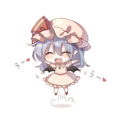 Rule 34 | 1girl, ^ ^, bat wings, blush, bow, closed eyes, collarbone, dress, fang, hair between eyes, happy, hat, heart, jewelry, jumping, open mouth, pink dress, pink hat, pudding (skymint 028), purple hair, red bow, remilia scarlet, smile, solo, touhou, wings