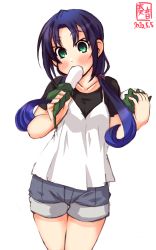 Rule 34 | 1girl, alternate costume, artist logo, black shirt, blue hair, camisole, casual, commentary request, cowboy shot, dated, denim, denim shorts, eating, food, green eyes, grey shorts, highres, kanon (kurogane knights), kantai collection, long hair, low twintails, shirt, short sleeves, shorts, simple background, solo, suzukaze (kancolle), t-shirt, twintails, white background, white camisole