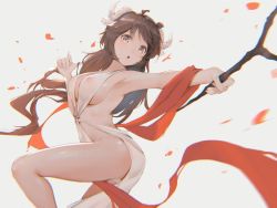 Rule 34 | 1girl, :o, ahoge, arknights, armpits, bare arms, bare shoulders, blush, breasts, brown hair, chinese commentary, commentary request, covered erect nipples, eyjafjalla (arknights), eyyy, grey background, holding, holding staff, horns, large breasts, leg up, long hair, looking at viewer, nipples, o-ring, open mouth, outstretched arm, petals, red eyes, revealing clothes, see-through, shawl, simple background, solo, staff, standing, standing on one leg, thighs