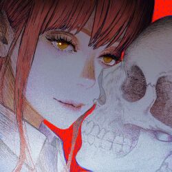 Rule 34 | 1girl, black necktie, chainsaw man, closed mouth, collared shirt, highres, holding, holding skull, looking at viewer, makima (chainsaw man), necktie, nisino2222, red background, red hair, ringed eyes, shirt, sidelocks, skull, smile, solo, white shirt, yellow eyes
