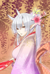 Rule 34 | 1girl, breasts, flower, hair flower, hair ornament, horns, japanese clothes, kagerou (shadowmage), kimono, long hair, original, pointy ears, solo
