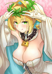 Rule 34 | 1girl, absurdres, ahoge, armpits, arms up, bare shoulders, blonde hair, blush, breasts, chain, cleavage, detached collar, detached sleeves, double v, elbow gloves, fate/extra, fate/extra ccc, fate/grand order, fate (series), full-length zipper, gloves, green eyes, hair between eyes, hair intakes, head wreath, highres, huge filesize, kamo ashi, large breasts, leotard, licking lips, lock, long hair, looking at viewer, nero claudius (bride) (fate), nero claudius (bride) (third ascension) (fate), nero claudius (fate), nero claudius (fate) (all), padlock, puffy sleeves, smile, solo, tongue, tongue out, v, veil, white gloves, white leotard, wide sleeves, zipper, zipper pull tab