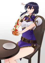 Rule 34 | &gt;:(, 1girl, absurdres, angry, armor, bad source, black eyes, black hair, cheese, cheese trail, commission, commissioner upload, eating, fire emblem, fire emblem: genealogy of the holy war, fire emblem heroes, food, highres, holding, holding food, holding pizza, larcei (fire emblem), mari48240422, nintendo, pizza, pizza slice, short hair, sitting, solo, table, thighs, tunic, v-shaped eyebrows
