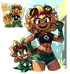 Rule 34 | 1girl, :d, abs, absurdres, bare shoulders, black shirt, blonde hair, commentary, creature and personification, crop top, cropped legs, cropped shirt, dark-skinned female, dark skin, english commentary, eyewear on head, flower, freckles, green shorts, hand wraps, highres, midriff, navel, off shoulder, open mouth, peargor, personification, plants vs zombies, plants vs zombies heroes, pointing, pointing at self, red-framed eyewear, redrawn, shirt, shorts, smile, solar flare (plants vs zombies heroes), solo, sunflower
