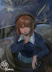 Rule 34 | 1girl, artist logo, artist name, bad id, bad twitter id, binoculars, blue jacket, brown eyes, brown hair, commentary request, girls und panzer, half-closed eyes, hand on own throat, headphones, holding, jacket, long sleeves, military, military uniform, military vehicle, miniskirt, motor vehicle, nishizumi miho, ooarai military uniform, outdoors, panzer iv, panzer iv, partial commentary, pleated skirt, projectile trail, rain, short hair, signature, skirt, solo, sparks, tank, tank cupola, tracer ammunition, uniform, veerinly, wet, white skirt