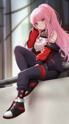 Rule 34 | 1girl, blush, breasts, crop top, full body, hand in own hair, highres, hololive, hololive english, jacket, jewelry, knee up, long hair, looking at viewer, mori calliope, mori calliope (streetwear), nassss, necklace, no headwear, official alternate costume, pants, ponytail, red eyes, shoes, sitting, skull print, smile, sneakers, solo, track jacket, track pants, virtual youtuber