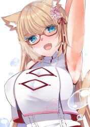 Rule 34 | 1girl, absurdres, animal ears, arm behind back, arm up, armpits, bad id, bad pixiv id, bare shoulders, blonde hair, blue eyes, blush, breasts, breath, cat ears, covered erect nipples, dress, fang, floral print, flower, frills, from below, full-face blush, glasses, hair between eyes, hair flower, hair ornament, hairclip, hanazono serena, hanazono serena (channel), head tilt, highres, impossible clothes, large breasts, long hair, looking at viewer, monkey kusai, open mouth, red-framed eyewear, sidelocks, simple background, sleeveless, sleeveless dress, solo, tareme, turtleneck, upper body, virtual youtuber, water drop, white background