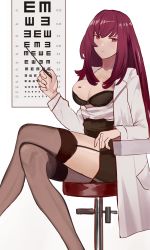 Rule 34 | 1girl, :|, black bra, blush, bra, breast tattoo, breasts, cleavage, closed mouth, collarbone, crossed legs, expressionless, eye chart, fate/grand order, fate (series), garter straps, highres, lab coat, large breasts, long hair, long sleeves, looking at viewer, open clothes, pencil skirt, pocket, pointer, purple hair, red eyes, scathach (fate), simple background, sitting, skirt, solo, stool, tattoo, thighhighs, underwear, vic (vedream), white background