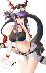 Rule 34 | 1girl, absurdres, arknights, bare arms, bare shoulders, baseball cap, bikini, black bikini, black choker, breasts, ch&#039;en (arknights), ch'en (arknights), character name, choker, chromatic aberration, commentary request, cowboy shot, dragon horns, dragon tail, eyewear on headwear, female tourist c (arknights), food, hair between eyes, hand up, hat, highres, holding, holding food, horns, horns through headwear, ildanbaggobwa, large breasts, leaning forward, long hair, navel, official alternate costume, popsicle, pouch, purple hair, red eyes, short shorts, shorts, simple background, solo, standing, stomach, sunglasses, swimsuit, tail, thighs, white background, white shorts