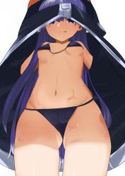 Rule 34 | 1girl, absurdres, ass, bare shoulders, bikini, black bikini, black jacket, blue eyes, breasts, closed mouth, fate/grand order, fate (series), from below, groin, hair between eyes, highres, hiroto (sauzanndo), hood, jacket, licking lips, long hair, looking at viewer, looking down, meltryllis, meltryllis (fate), meltryllis (swimsuit lancer) (fate), meltryllis (swimsuit lancer) (first ascension) (fate), navel, outstretched arms, purple hair, small breasts, smile, solo, standing, stomach, sweat, sweatdrop, swimsuit, thighs, tongue, tongue out, wedgie, white background