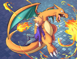 Rule 34 | 1boy, blue oak, breath weapon, breathing fire, charizard, claws, creatures (company), fangs, fire, flame-tipped tail, game freak, gen 1 pokemon, grey pants, jewelry, looking at viewer, looking up, necklace, nintendo, open mouth, orange eyes, orange hair, pants, pokemon, pokemon (creature), pokemon rgby, purple shirt, riding, riding pokemon, shirt, short hair, sitting, smile, spiked hair, tiles, tongue, tsunami hisoka, v-shaped eyebrows, wings