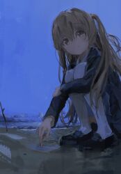 Rule 34 | 1girl, atsuryoku neko, beach, blazer, blue jacket, blue skirt, blue sky, brown eyes, brown hair, closed mouth, cloud, commentary, highres, hugging own legs, jacket, light blush, loafers, long hair, looking at viewer, looking to the side, minagi koharu, morning, ocean, outdoors, pleated skirt, puddle, raised eyebrows, sand, school uniform, shoes, skirt, sky, slow loop, smile, solo, squatting, stick, thighhighs, two side up, white thighhighs