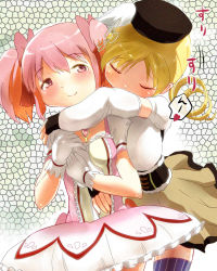 Rule 34 | 10s, 2girls, ace rocket, between breasts, blonde hair, blush, bow, breasts, bubble skirt, dress, drill hair, elbow gloves, fingerless gloves, frills, gloves, hair bow, hair ornament, highres, hug, hug from behind, kaname madoka, magical girl, mahou shoujo madoka magica, mahou shoujo madoka magica (anime), medium breasts, mosaic background, multiple girls, pink eyes, pink hair, skirt, smile, soul gem, striped clothes, striped legwear, striped thighhighs, thighhighs, tomoe mami, twin drills, twintails, vertical-striped clothes, vertical-striped legwear, vertical-striped thighhighs, yuri