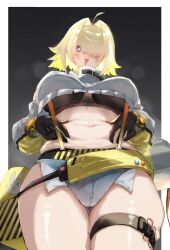 Rule 34 | 1girl, belly grab, blonde hair, blush, border, breasts, breasts apart, covered erect nipples, cowboy shot, elegg (nikke), exposed pocket, eyes visible through hair, gloves, goddess of victory: nikke, grey shorts, hair intakes, hair over eyes, head tilt, highres, large breasts, long bangs, long sleeves, looking at viewer, multicolored hair, navel, open mouth, outside border, plump, purple eyes, shorts, shun hayakawa, simple background, skindentation, solo, suspender shorts, suspenders, sweatdrop, thick thighs, thigh strap, thighs, two-tone hair, white border