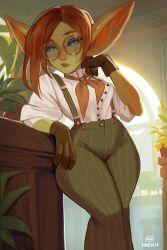 Rule 34 | 1girl, absurdres, artist name, brown gloves, colored skin, commentary, female goblin, freckles, glasses, gloves, goblin, green eyes, green pants, green skin, highres, indoors, large ears, leaning on table, looking to the side, maewix (artist), narrowed eyes, neckerchief, orange hair, orange neckerchief, original, pants, pinstripe pants, pinstripe pattern, pointy ears, round eyewear, scar, scar across eye, shirt, sleeves rolled up, solo, suspenders, white shirt