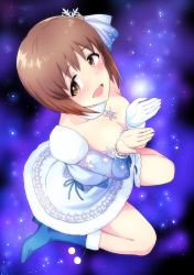 Rule 34 | 1girl, :d, ankle boots, asymmetrical legwear, blue dress, blue footwear, blue ribbon, bob cut, boots, breasts, bridal garter, cleavage, collarbone, detached collar, dress, frills, from above, gloves, hagiwara yukiho, hair ornament, hair ribbon, high heels, highres, idolmaster, idolmaster (classic), jewelry, looking at viewer, looking up, neck ring, open mouth, pom pom (clothes), ribbon, shiny skin, single glove, sitting, smile, snowflake hair ornament, snowflake print, solo, sparkle, tsurui, uneven legwear, wariza, white gloves