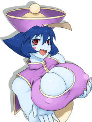 Rule 34 | 1girl, bad id, bad pixiv id, blue hair, blue skin, blush, blush stickers, grabbing another&#039;s breast, breast hold, breast lift, breasts, capcom, china dress, chinese clothes, cleavage, cleavage cutout, clothing cutout, colored skin, dress, covered erect nipples, flipped hair, grabbing, hat, huge breasts, jiangshi, large breasts, lei lei, monster girl, nail polish, ofuda, red eyes, short hair, skindentation, sleeveless, smile, solo, tsukudani (coke-buta), vampire (game)