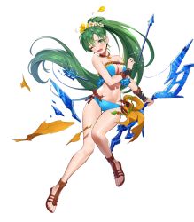 Rule 34 | 1girl, arrow (projectile), bikini, blue bikini, bow (weapon), breasts, choker, cleavage, earrings, feet, female focus, fire emblem, fire emblem: the blazing blade, fire emblem heroes, flower, full body, green eyes, green hair, hair flower, hair ornament, hibiscus, highres, holding, holding bow (weapon), holding weapon, jewelry, long hair, lyn (fire emblem), lyn (summer) (fire emblem), matching hair/eyes, medium breasts, navel, necklace, nintendo, official alternate costume, official art, ponytail, sandals, side-tie bikini bottom, solo, stomach, strapless, strapless bikini, swimsuit, teffish, toes, torn clothes, transparent background, very long hair, weapon
