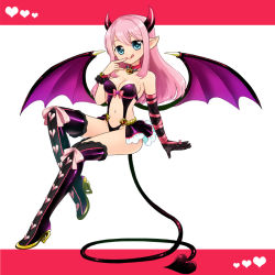 Rule 34 | 1girl, :p, blue eyes, boots, breasts, cleavage, demon girl, demon wings, finger to mouth, full body, gloves, horns, large breasts, long hair, nail polish, navel, original, pink hair, pointy ears, rio (usagiya), single glove, smile, solo, demon girl, tail, thigh boots, thighhighs, tongue, tongue out, wings