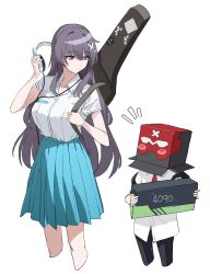 Rule 34 | 1boy, 1girl, absurdres, aged down, black hair, black pants, blush stickers, box, box on head, controlline3, counter:side, cropped legs, geforce rtx 4090, guitar, guitar case, hair between eyes, hair ornament, hand up, headphones, headphones removed, height difference, highres, holding, holding box, holding headphones, instrument, instrument case, jin bora (counter:side), kim chulsoo, long hair, looking at another, looking down, miniskirt, notice lines, pants, purple eyes, school uniform, shirt, shirt tucked in, short sleeves, simple background, skirt, white background, white shirt, wing collar