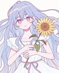 Rule 34 | 1girl, blue hair, blush, bright pupils, dress, emma (kumaema), flower, highres, holding, holding flower, leaf, long hair, looking at viewer, original, pink eyes, shadow, signature, simple background, smile, solo, very long hair, white background, white dress, white pupils, yellow flower