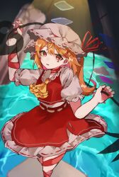Rule 34 | 1girl, absurdres, ascot, bat wings, black eyeliner, blonde hair, bow, crystal, expressionless, eyelashes, eyeliner, flandre scarlet, frilled ascot, frilled hat, frills, hat, hat ribbon, highres, laevatein (touhou), looking at viewer, makeup, mob cap, multicolored wings, nail polish, one side up, open clothes, puffy short sleeves, puffy sleeves, red eyes, red nails, red skirt, red vest, ribbon, rokka (rokka937), shirt, short hair, short sleeves, side ponytail, sidelocks, skirt, skirt set, solo, star (symbol), striped clothes, striped thighhighs, thighhighs, touhou, vest, white hat, wings, yellow ascot