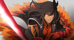 Rule 34 | 1boy, bad id, bad pixiv id, black hair, gaius (tales), gloves, grey background, male focus, manly, red eyes, serious, shiramine (srmn09), solo, surcoat, sword, tales of (series), tales of xillia, weapon