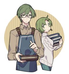 Rule 34 | 1boy, 1girl, apron, black-framed eyewear, book, book stack, brown shirt, character request, collared shirt, commentary, earrings, eyelashes, fire emblem, fire emblem: genealogy of the holy war, glasses, green eyes, green hair, haconeri, holding, holding book, hoop earrings, jewelry, medium hair, nintendo, open mouth, shirt, sweat, sweater, symbol-only commentary, turtleneck, turtleneck sweater, white sweater