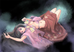 Rule 34 | 1girl, breasts, female focus, full body, gradient background, houraisan kaguya, japanese clothes, midriff, nanami sano, navel, open clothes, open shirt, shirt, solo, touhou, undressing