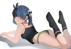 Rule 34 | 1girl, ass, bandaid, bandaid on cheek, bandaid on face, bare arms, bare shoulders, black camisole, black nails, black socks, blue hair, blush, bright pupils, camisole, crossed bandaids, earrings, expressionless, feet up, fingernails, full body, green panties, hair between eyes, hair ornament, highres, jewelry, ji-yoon (jourd4n), jourd4n, legs, looking back, lying, nail polish, no pants, no shoes, on stomach, original, panties, purple eyes, shadow, simple background, skull hair ornament, socks, solo, striped clothes, striped panties, the pose, turning head, twintails, underwear, white background, white pupils