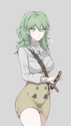 Rule 34 | 1girl, absurdres, banned artist, between breasts, breasts, buttons, byleth (female) (fire emblem), byleth (fire emblem), closed mouth, commentary request, cowboy shot, dress shirt, enlightened byleth (female), eyelashes, fire emblem, fire emblem: three houses, garreg mach monastery uniform, green eyes, grey background, grey hair, hair between eyes, high-waist skirt, highres, holding, holding sheath, holding sword, holding weapon, large breasts, long sleeves, medium hair, neckerchief, nintendo, pencil skirt, sheath, sheathed, shimizu akina, shirt, simple background, skirt, solo, standing, star (symbol), strap between breasts, sword, uniform, weapon, white neckerchief, white shirt, yellow skirt
