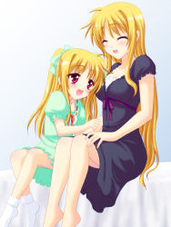 Rule 34 | 00s, 2girls, :d, ^ ^, alicia testarossa, barefoot, bed, bed sheet, blonde hair, bow, breasts, cleavage, closed eyes, fate testarossa, grey background, hair bow, large breasts, long hair, lyrical nanoha, mahou shoujo lyrical nanoha, mahou shoujo lyrical nanoha strikers, multiple girls, on bed, open mouth, red eyes, saki chisuzu, siblings, simple background, sisters, smile, socks, time paradox, twintails, very long hair, white legwear