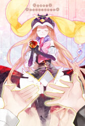 Rule 34 | 10s, 1girl, animal hat, apple, ayu (auko2010), bad id, bad pixiv id, bare shoulders, black thighhighs, boots, brown hair, closed eyes, elbow gloves, food, fruit, gloves, hat, holding, holding food, holding fruit, long hair, mawaru penguindrum, outstretched hand, pov, princess of the crystal, solo focus, takakura himari, thigh boots, thighhighs