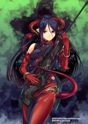 Rule 34 | 1girl, ai arctic warfare, blue eyes, bolt action, bracelet, demon girl, demon horns, demon tail, elbow gloves, gloves, gun, highres, holding, holding gun, holding weapon, horns, jewelry, kirishima satoshi, long hair, looking at viewer, official art, pointy ears, purple hair, rifle, sniper rifle, solo, tail, weapon, z/x