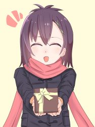 Rule 34 | 1girl, absurdres, black jacket, blush, commentary request, closed eyes, facing viewer, gabriel dropout, gift, hair between eyes, hair ornament, hairclip, highres, holding, holding gift, jacket, medium hair, open mouth, purple hair, red scarf, scarf, simple background, smile, solo, vignette tsukinose april, valentine, x hair ornament